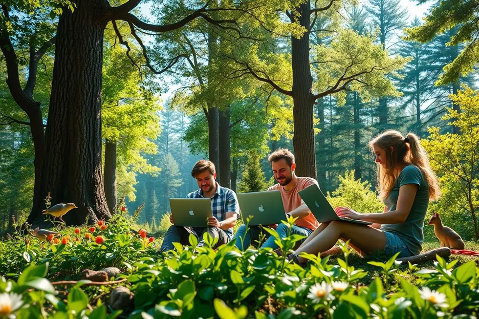Empreendedores trabalhando em um cenário natural, representando o crescimento sustentável.