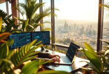 Nômade digital trabalhando com blockchain e criptomoedas em ambiente remoto