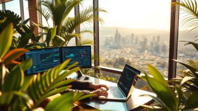 Nômade digital trabalhando com blockchain e criptomoedas em ambiente remoto
