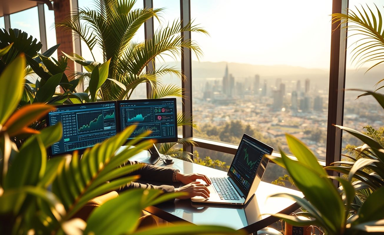 Nômade digital trabalhando com blockchain e criptomoedas em ambiente remoto
