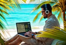 Nômade digital trabalhando com cibersegurança em praia tropical