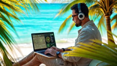 Nômade digital trabalhando com cibersegurança em praia tropical