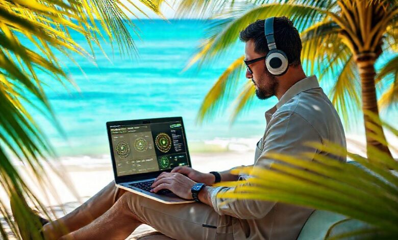 Nômades Cibersegurança: Como Trabalhar com Segurança Digital pelo Mundo - Web Nômade Digital Nômade digital trabalhando com cibersegurança em praia tropical