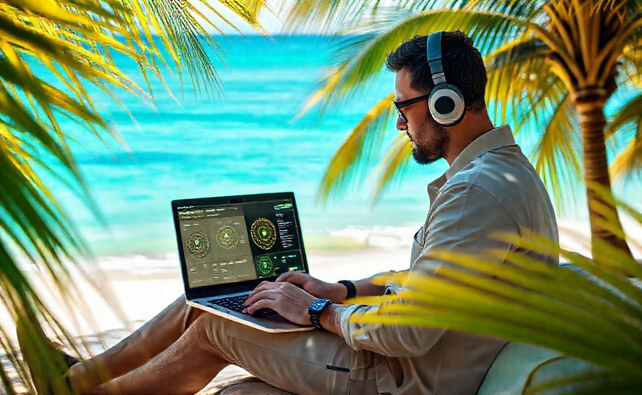 Nômade digital trabalhando com cibersegurança em praia tropical