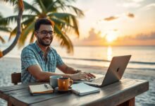 Nômade digital coach trabalhando em laptop na praia