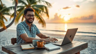 Nômade digital coach trabalhando em laptop na praia