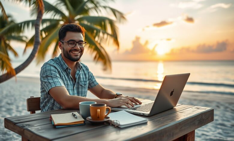 Nômade digital coach trabalhando em laptop na praia