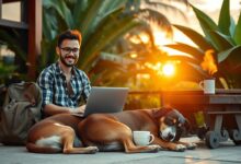 Nômade digital trabalhando com notebook e cachorro em viagem