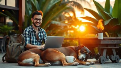Nômade digital trabalhando com notebook e cachorro em viagem