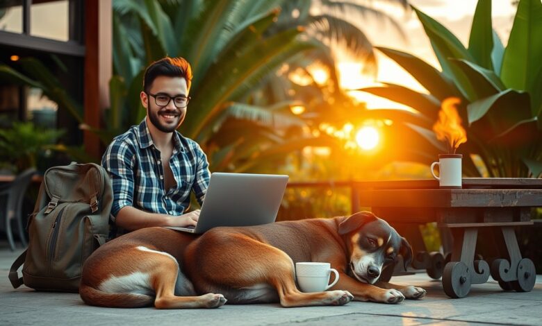Nomadismo Digital com Pets: Guia Completo para Viajar com Seu Animal de Estimação - Web Nômade Digital Nômade digital trabalhando com notebook e cachorro em viagem