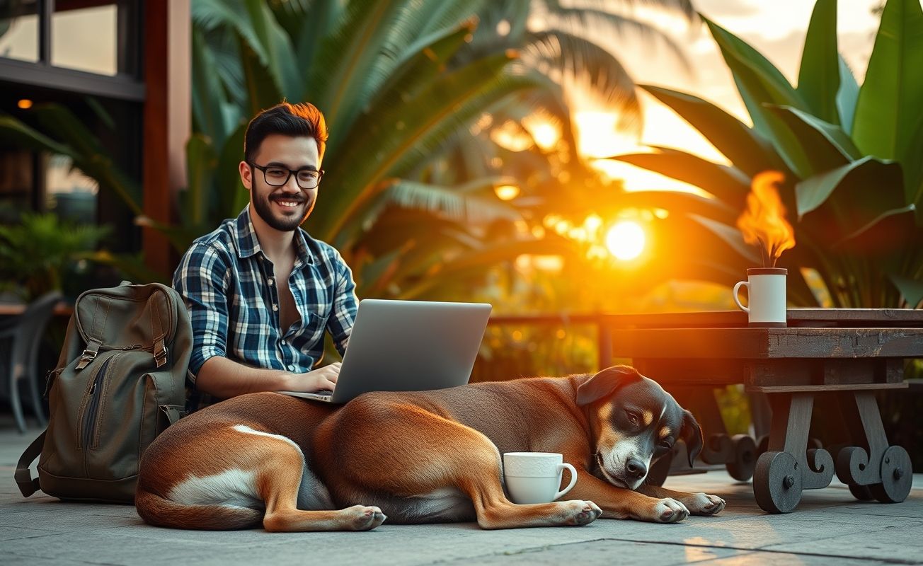 Nômade digital trabalhando com notebook e cachorro em viagem
