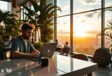 Nômade digital desenvolvedor trabalhando remotamente em coworking com vista
