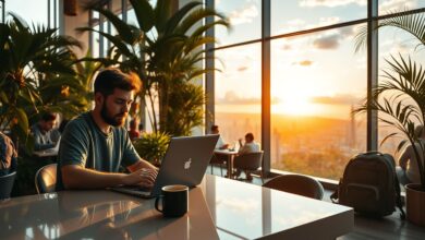 Nômade digital desenvolvedor trabalhando remotamente em coworking com vista