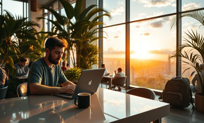 Nômades Devs: O Guia Completo para Desenvolvedores Nômades Digitais - Web Nômade Digital Nômade digital desenvolvedor trabalhando remotamente em coworking com vista