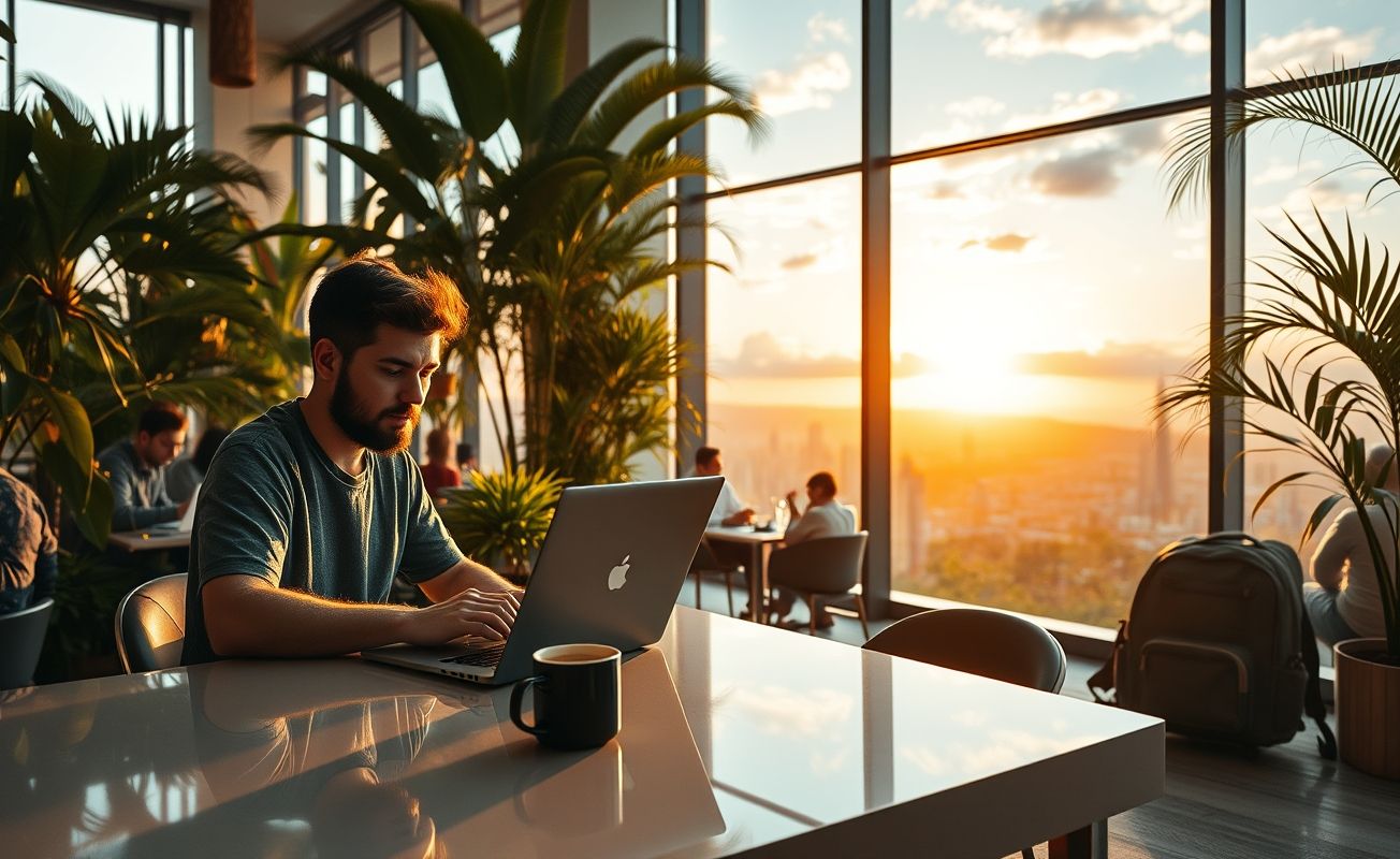 Nômade digital desenvolvedor trabalhando remotamente em coworking com vista