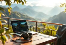 Nômade editor trabalhando remotamente com laptop em ambiente inspirador