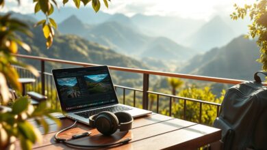 Nômade editor trabalhando remotamente com laptop em ambiente inspirador
