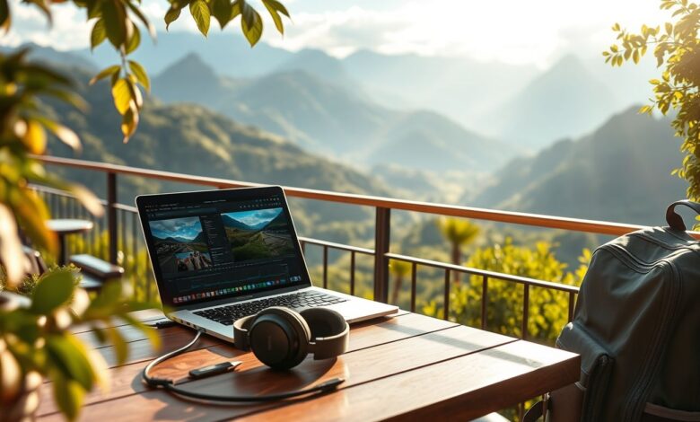 Nômades Editores: O Guia Completo Para Trabalhar Com Edição Em Qualquer Lugar do Mundo - Web Nômade Digital Nômade editor trabalhando remotamente com laptop em ambiente inspirador