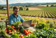 Nômade digital trabalhando com laptop em fazenda orgânica com vegetais frescos