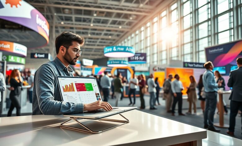 Nômade digital trabalhando em laptop durante feira internacional com networking profissional