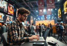 Profissional digital trabalhando com laptop em festival cinematográfico internacional