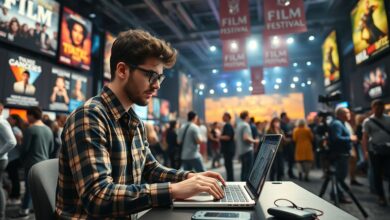 Profissional digital trabalhando com laptop em festival cinematográfico internacional