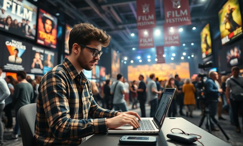 Como trabalhar em festivais de cinema como nômade digital - Web Nômade Digital Profissional digital trabalhando com laptop em festival cinematográfico internacional