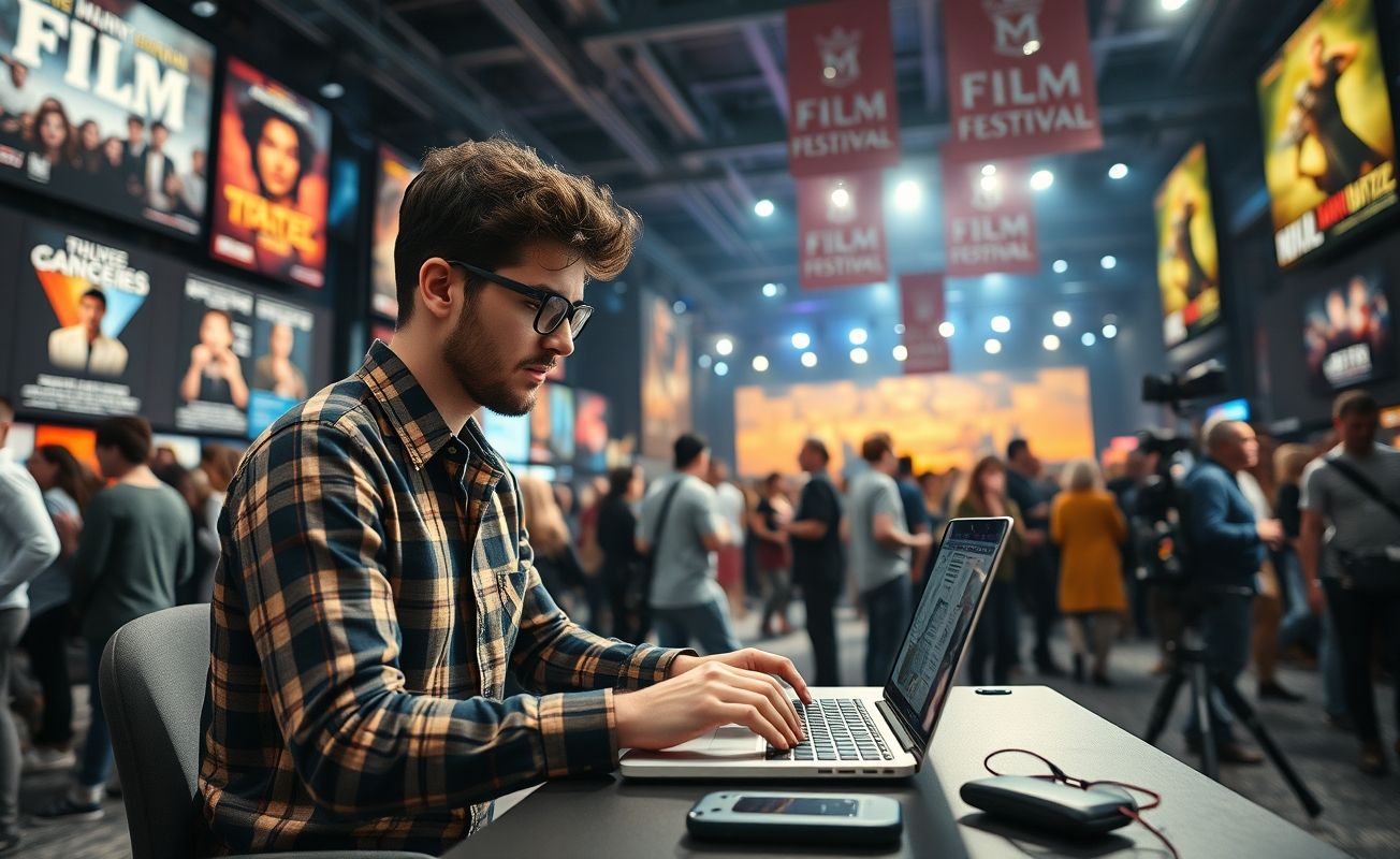 Profissional digital trabalhando com laptop em festival cinematográfico internacional