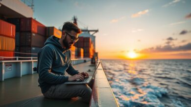 Nômade digital trabalhando em laptop a bordo de navio de carga