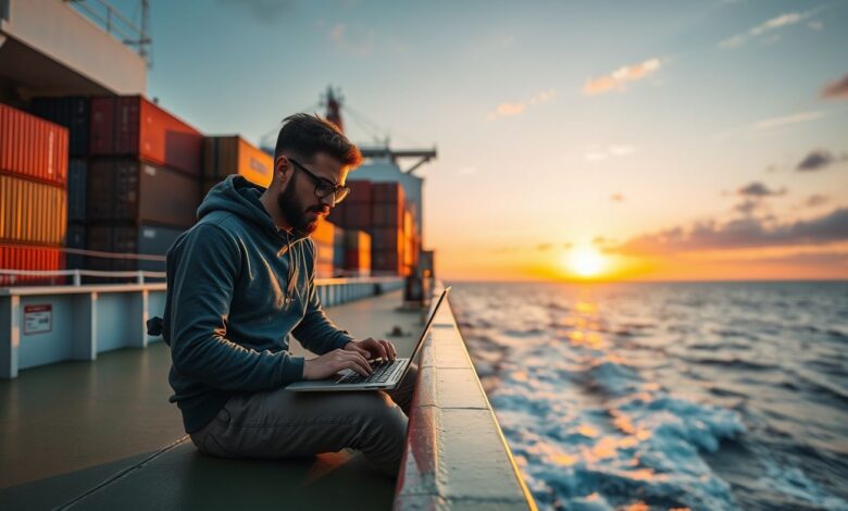 Nômade digital trabalhando em laptop a bordo de navio de carga