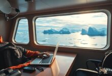 Profissional remoto trabalhando em laptop com vista para icebergs através janela de navio expedição
