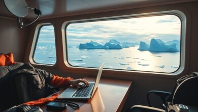 Profissional remoto trabalhando em laptop com vista para icebergs através janela de navio expedição