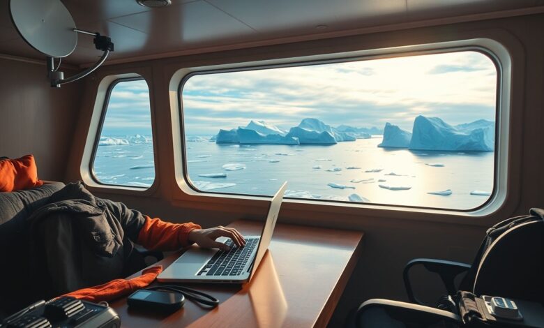 Profissional remoto trabalhando em laptop com vista para icebergs através janela de navio expedição