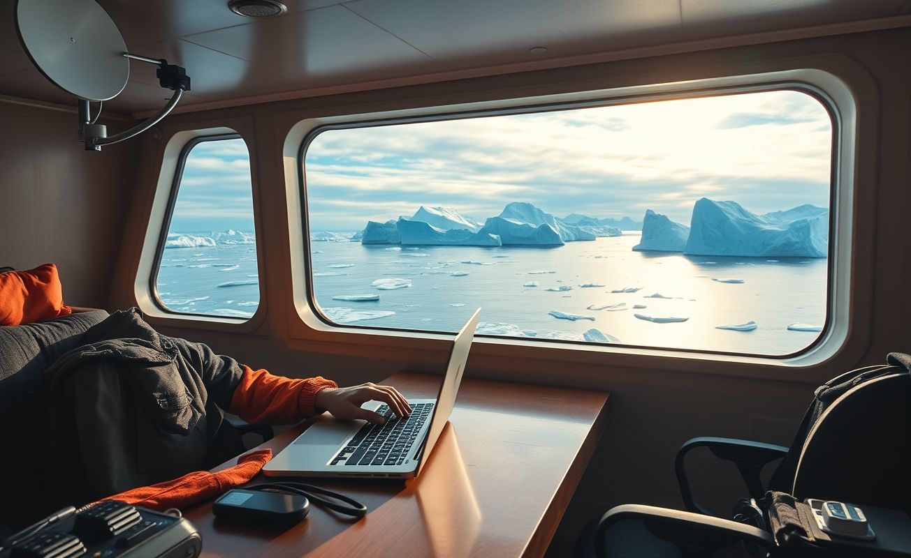 Profissional remoto trabalhando em laptop com vista para icebergs através janela de navio expedição