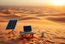 Nômade digital trabalhando no deserto ao nascer do sol