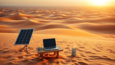 Nômade digital trabalhando no deserto ao nascer do sol