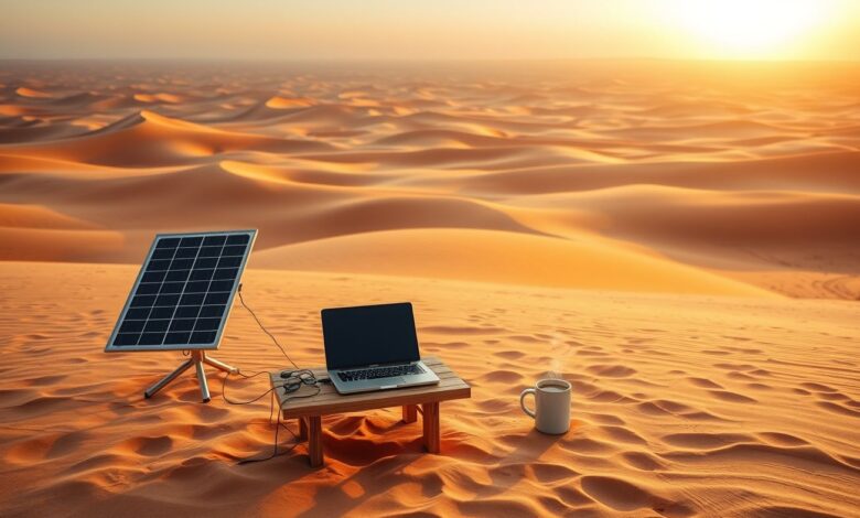 Nômades Desertos: Como Viver e Trabalhar Remotamente em Oásis Digitais - Web Nômade Digital Nômade digital trabalhando no deserto ao nascer do sol