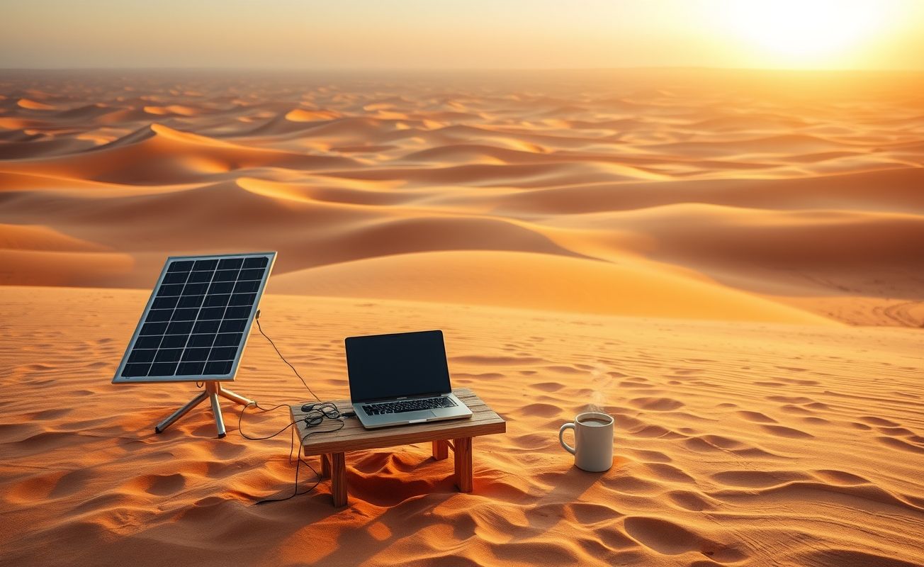 Nômade digital trabalhando no deserto ao nascer do sol