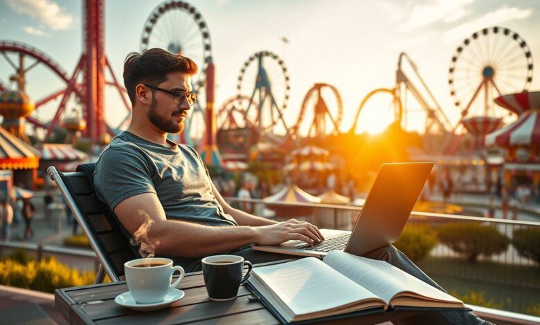 Como trabalhar em parques temáticos como nômade digital - Web Nômade Digital Profissional remoto trabalhando em parque temático com atrações ao fundo