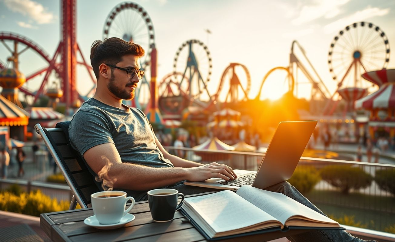 Profissional remoto trabalhando em parque temático com atrações ao fundo