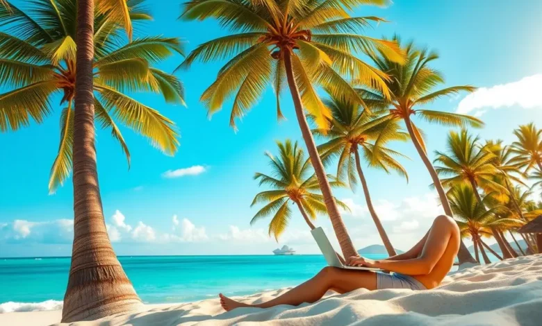 7 Estratégias Infalíveis para Aumentar sua Clientela como Nômade Digital - Web Nômade Digital Nômade digital trabalhando na praia com um laptop.