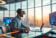 Profissional usando headset VR em coworking com vista urbana