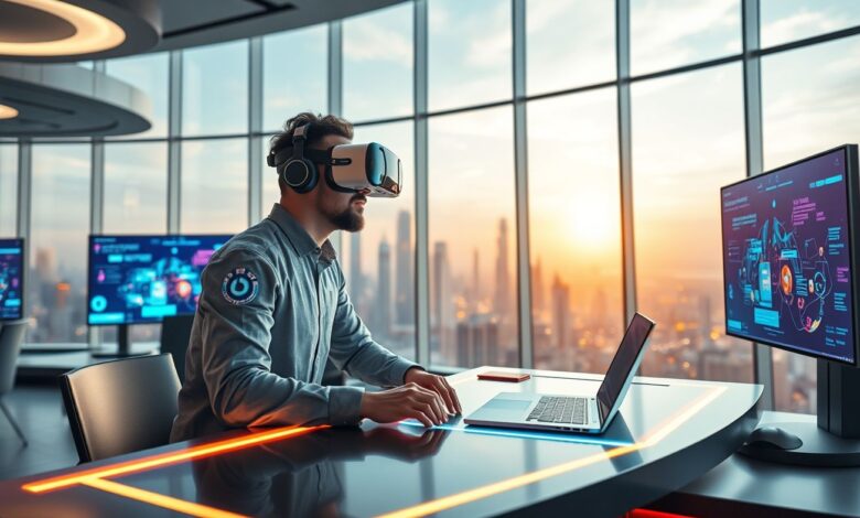 Melhores cidades para nômades que trabalham com realidade virtual - Web Nômade Digital Profissional usando headset VR em coworking com vista urbana