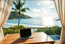 Nômade digital trabalhando em resort nudista com vista para o mar