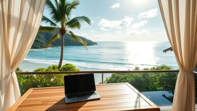 Nômade digital trabalhando em resort nudista com vista para o mar