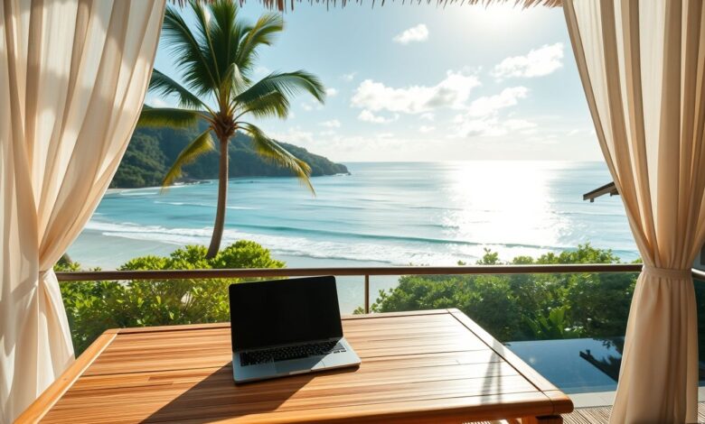 Nômade digital trabalhando em resort nudista com vista para o mar