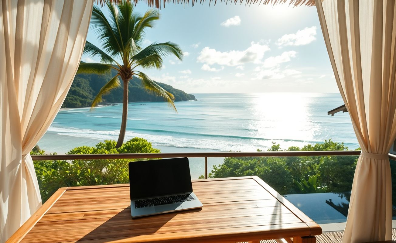 Nômade digital trabalhando em resort nudista com vista para o mar