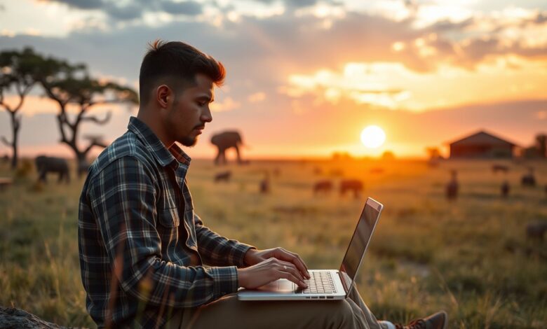 Nômades Safáris: Como Trabalhar Remotamente em Aventuras Africanas - Web Nômade Digital Nômade digital trabalhando em laptop durante safári africano