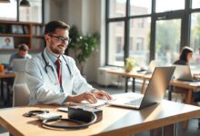 Médico nômade digital trabalhando remotamente com computador e equipamentos médicos