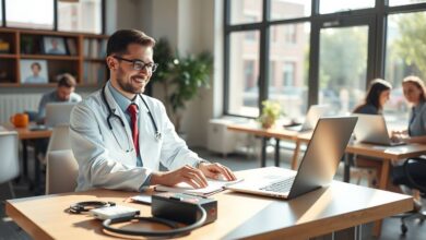 Médico nômade digital trabalhando remotamente com computador e equipamentos médicos